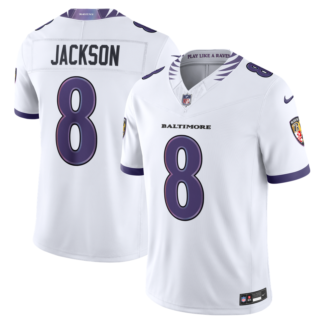 Men's Baltimore Ravens Lamar Jackson White Vapor F.U.S.E. Stitched